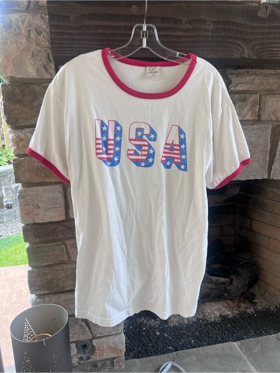 Oat Collective Tops - Oat Collection USA Graphic  Tee - White with Red Trim XL